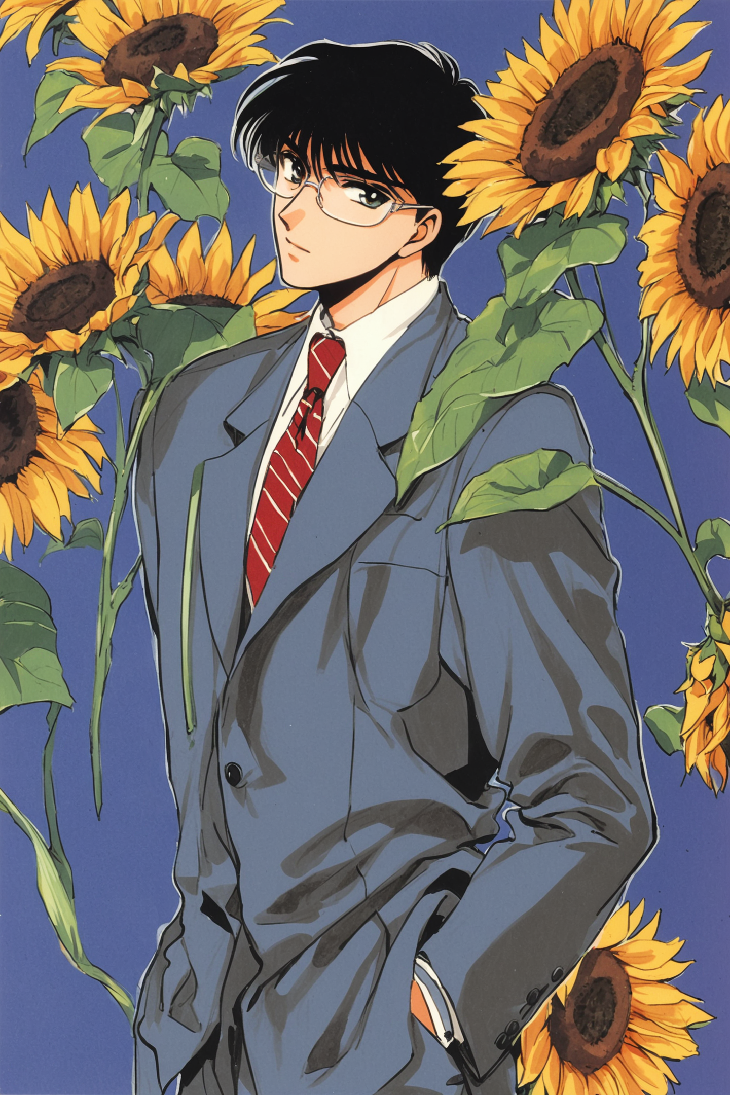 31039-304833998-Seishiro Sakurazuka,1boy,male focus,solo,flower,sunflower,black hair,holding,blue background,hand in pocket,retro artstyle,holdi.png